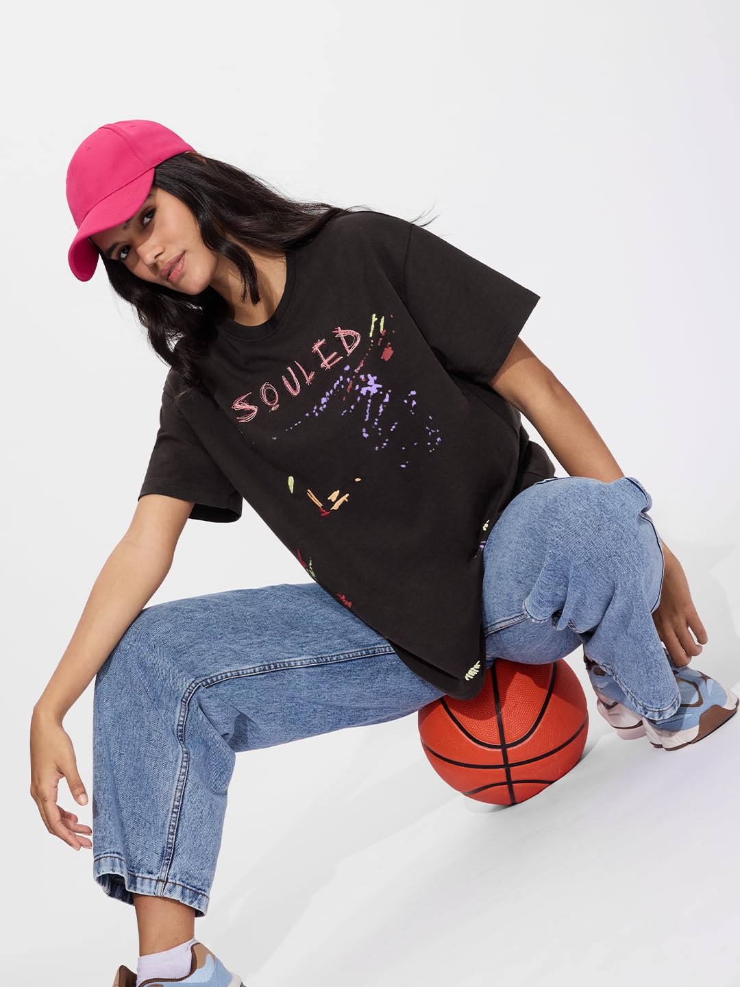 The Souled Store Souled Thread Women and Girls Short Sleeves Round Neck Black Embroidery Cotton Oversized T-Shirts