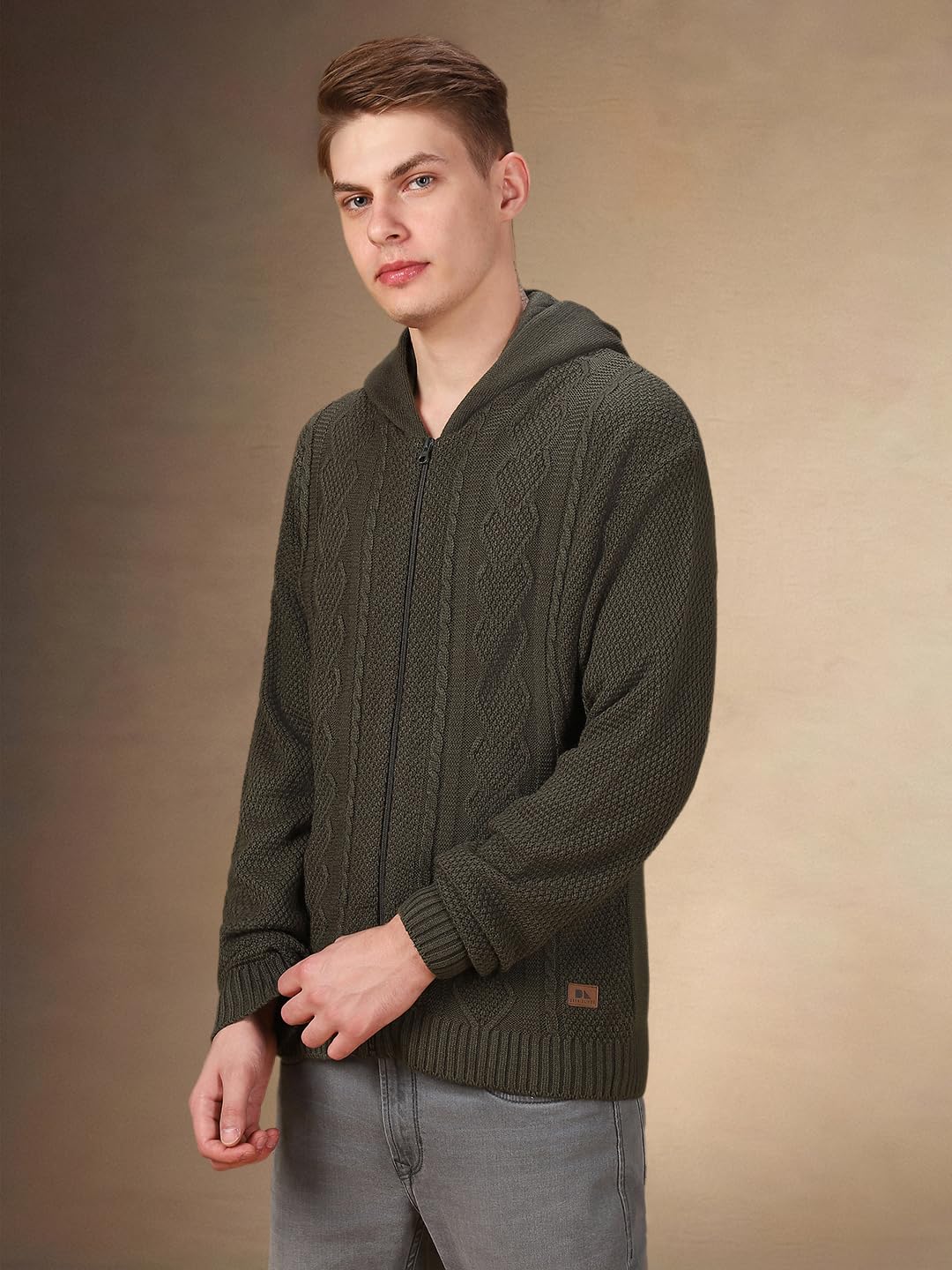 Dennis Lingo Men Solid Acrylic Regular Fit Full Sleeves Cardigan Sweater Olive