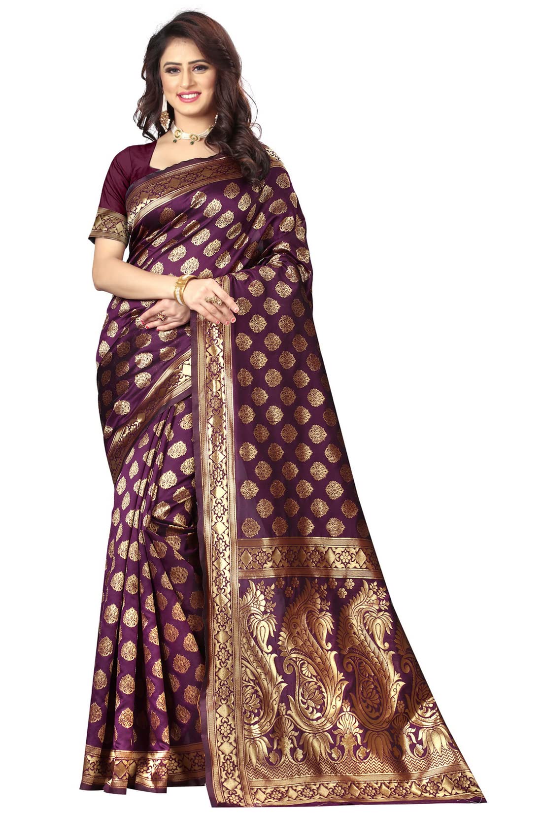 Shasmi Sarees Womens Art Silk Wine Kanchipuram Saree (SAN PARI 72 WINE)