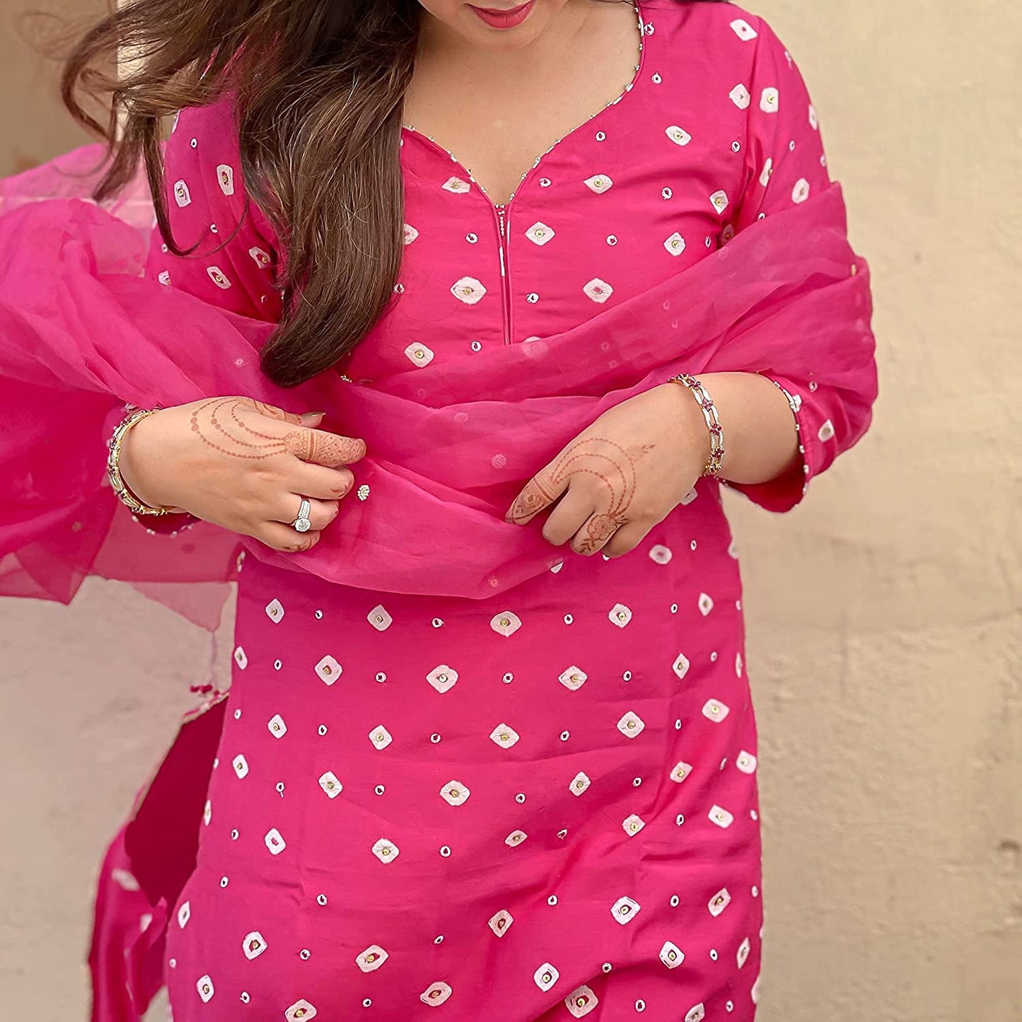 GoSriKi Women's Rayon Printed Kurta with Palazzo and Dupatta (Railing Pink_Pink_)