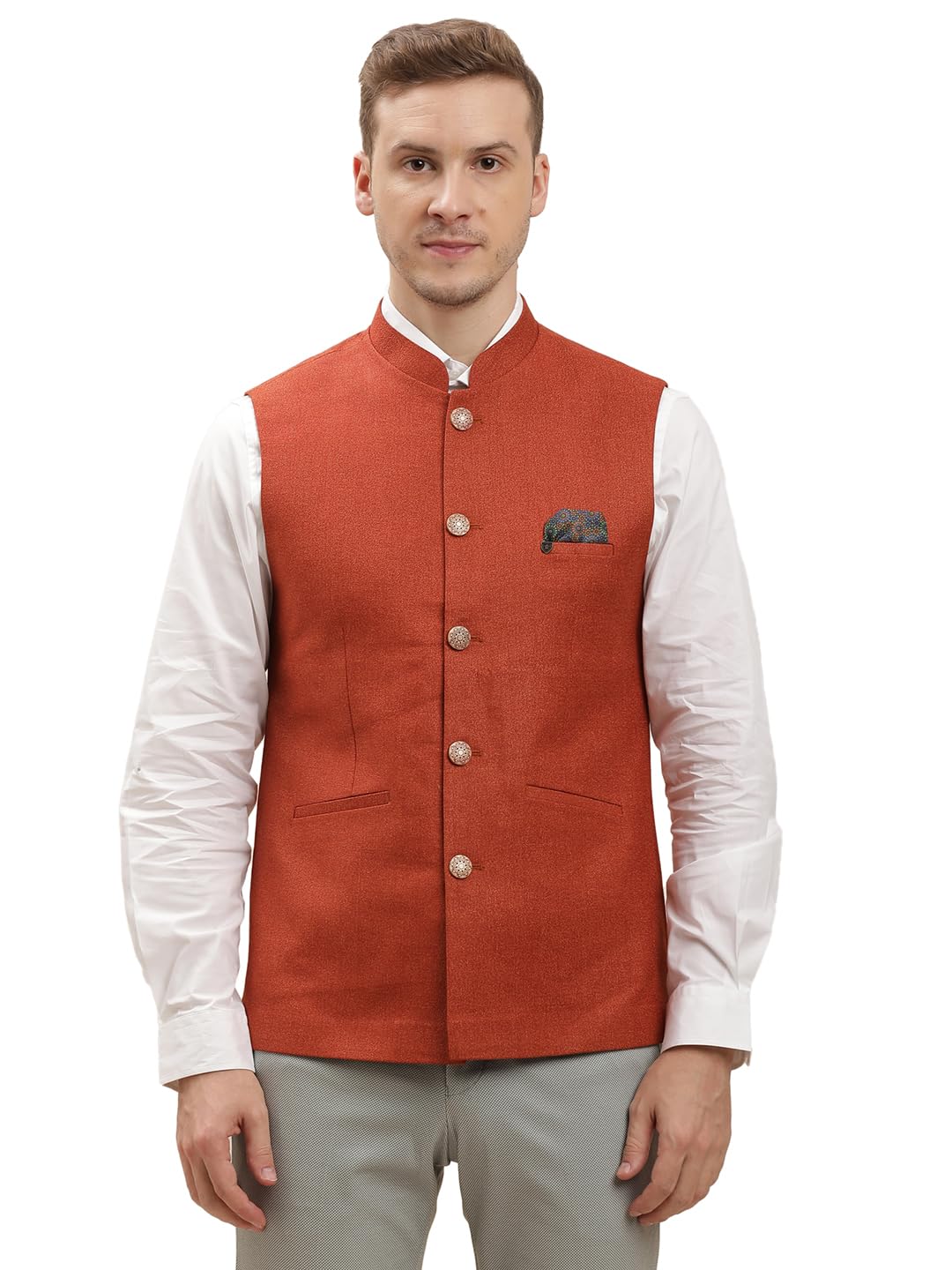 Turtle Men 100% Cotton Printed Rust Nehru Jacket