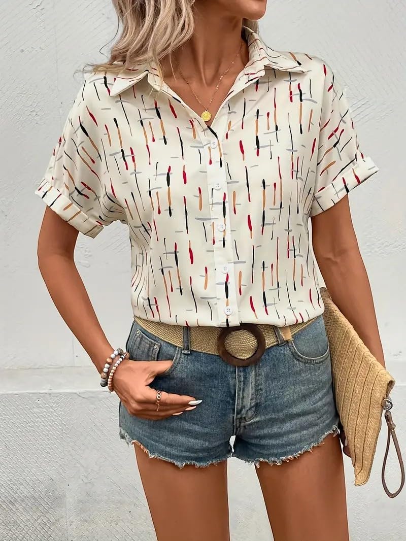 Gufrina WomenS Short Sleeve Button Down Shirt With Abstract Brushstroke Print In Beige And Multicolor - Lightweight Casual Summe