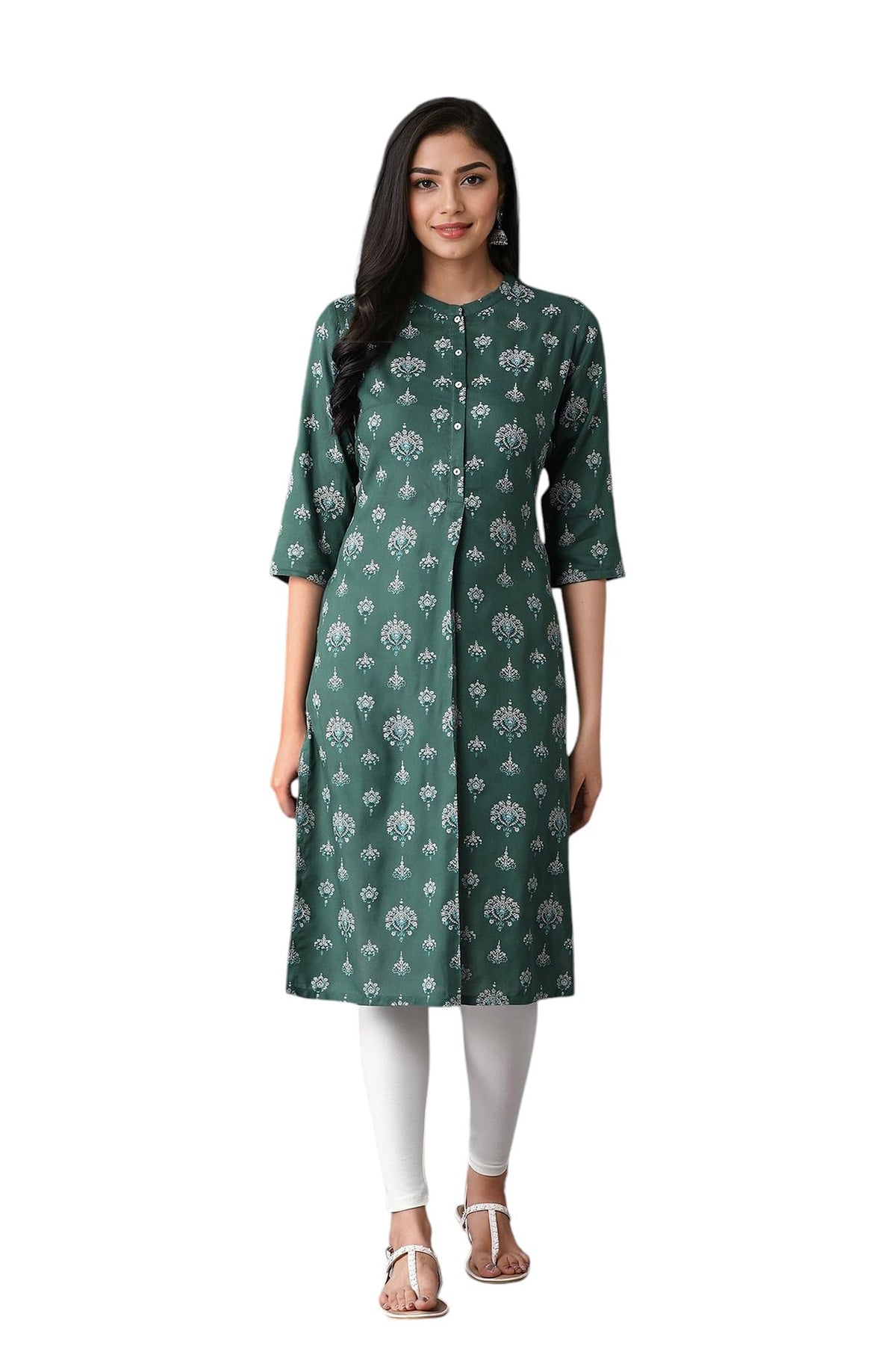 W Green Floral Printed Regular Kurta For Women