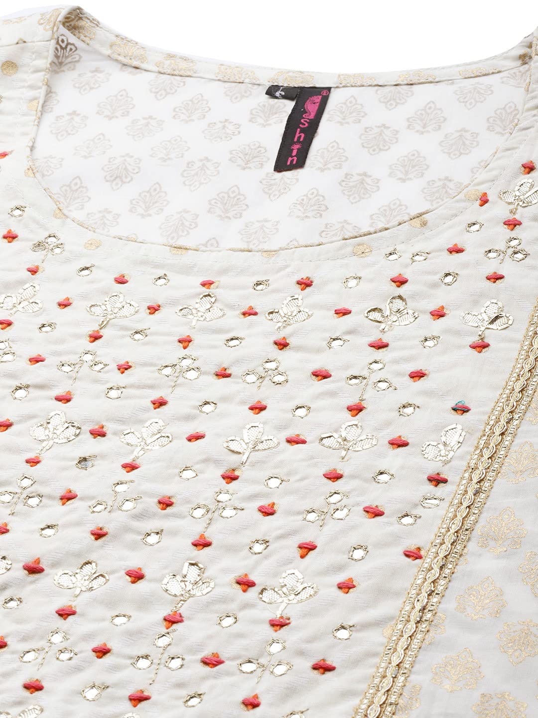 ishin Cotton Blend Women's Embroidered Staright Kurta Set With Trouser And Dupatta