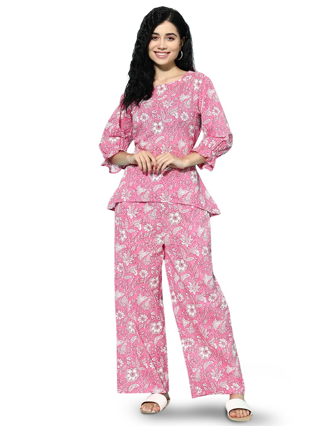 Libas Womens Printed Cotton Night Suit Set For Women Pink