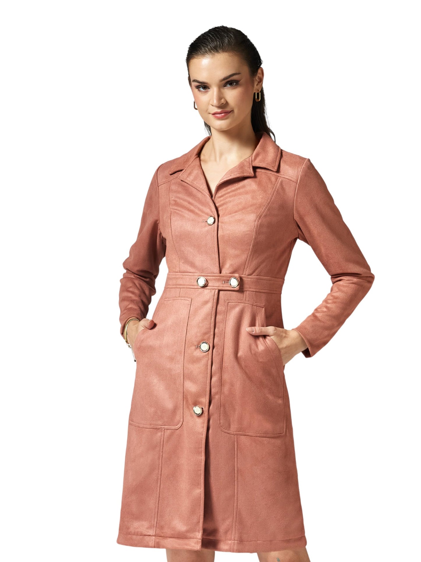 Miss Chase Womens Shirt-Collar Full Sleeves Button-down Longline Jacket (MCAW25JKT99-72-312-05, Dusty Peach, L)
