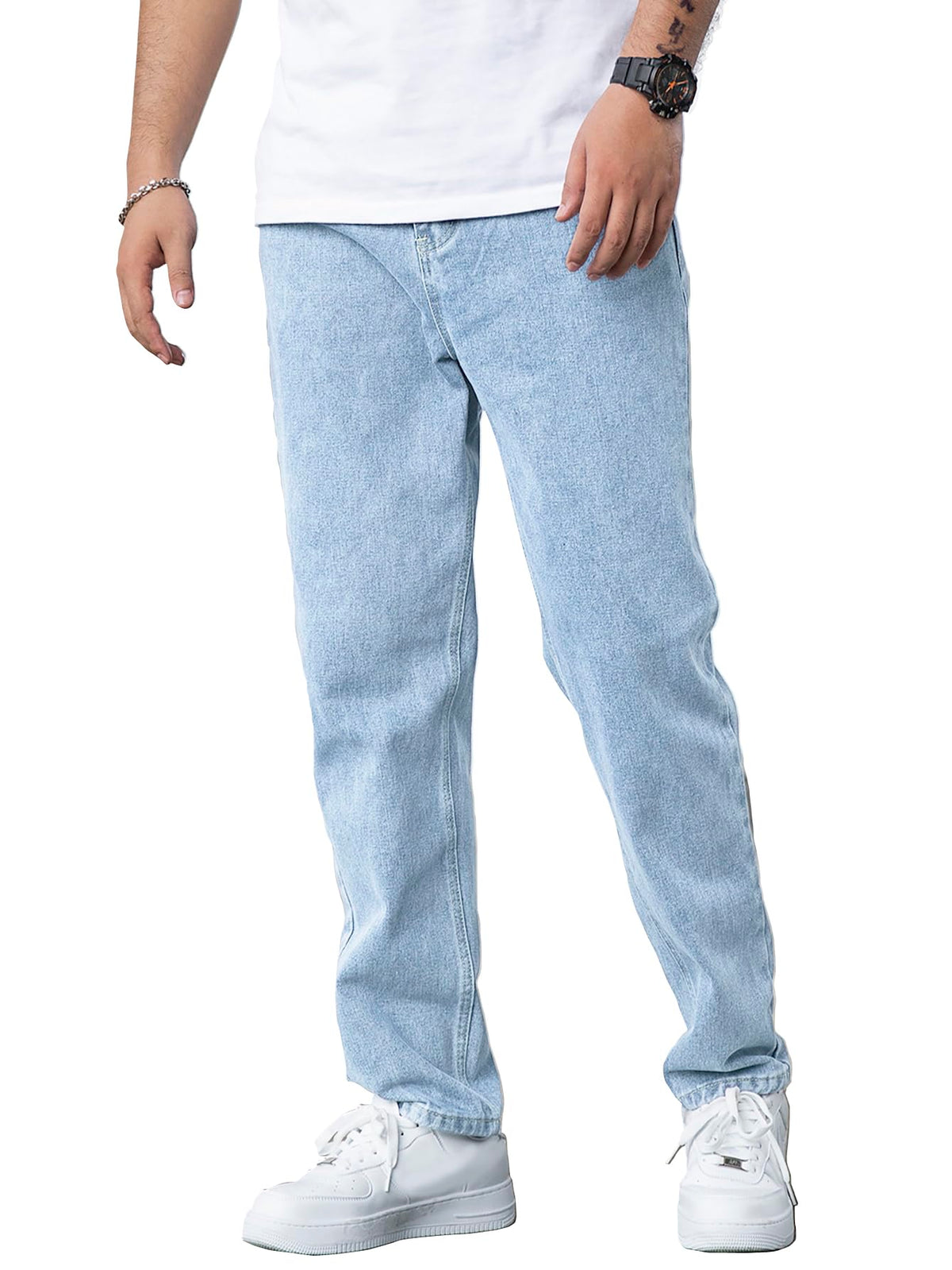 AVANOVA Mens Light Blue Slant Pocket Wide Leg Jeans Casual Loose Fit Denim Pants, Cotton Blend Trousers with Slant Pockets for
