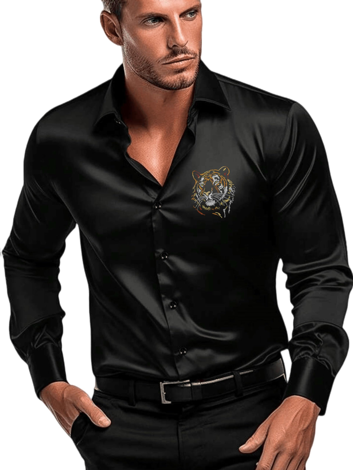 Indoprimo MenS Satin Stylish Club Wear Tiger Diamond Print Shirt Full Sleeve Black