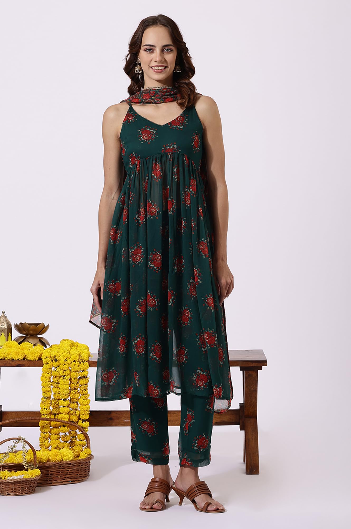W Green Floral Printed A-line Kurta, Straight Pant & Dupatta for Women