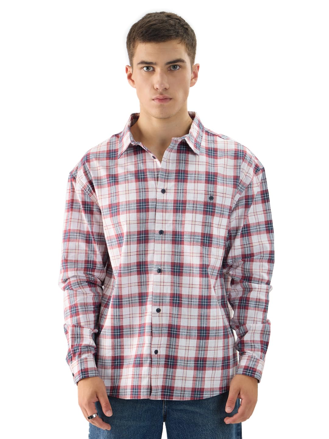 The Souled Store Plaid: Red/White Long Sleeve Collared Neck Button Down Cotton Relaxed Fit Shirts for Men and Boys - Classic and