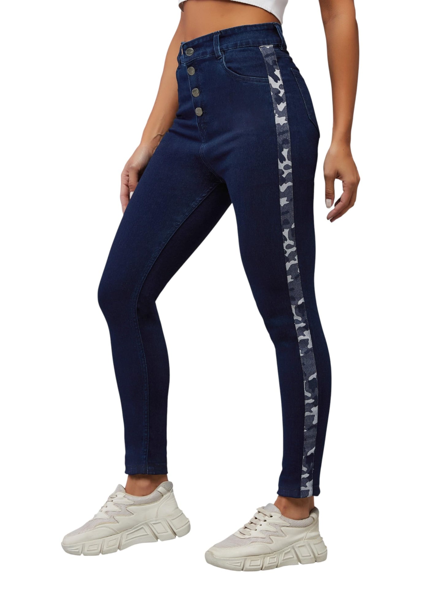 Dolce Crudo Womens Skinny High Rise Printed Fabric Tape Detailing Regular Length Denim Jeans (DOAW23DEN99-95-578-32, Independen