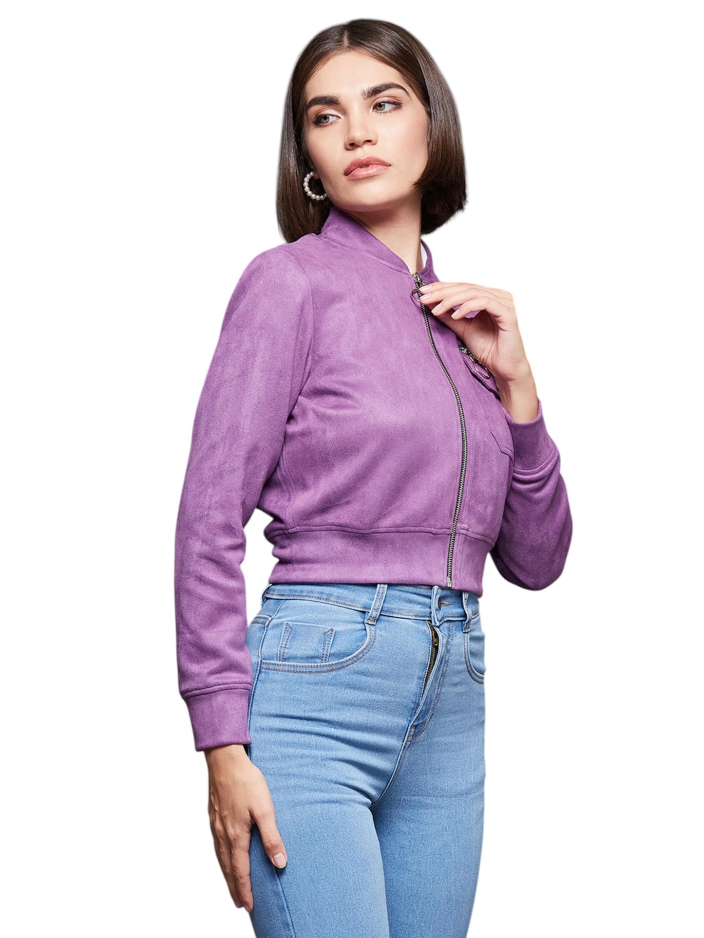 Miss Chase Womens Mandarin Collar Full-Sleeve Crop Jacket (MCAW24JKT99-51-241-02, Dark Lavender, XS)