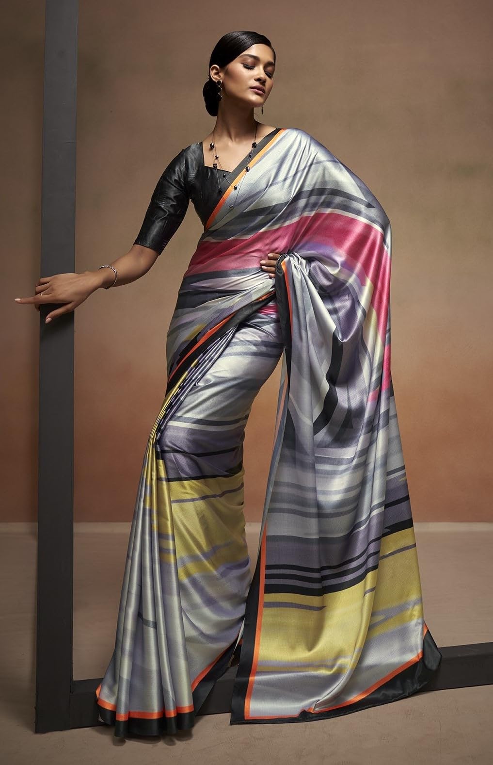 Pujia Mills Woman Digital Floral Print Satin Silk Saree Indian Ethnic Wear Simple Printed Saree With Unstitch Blouse Regular Pri