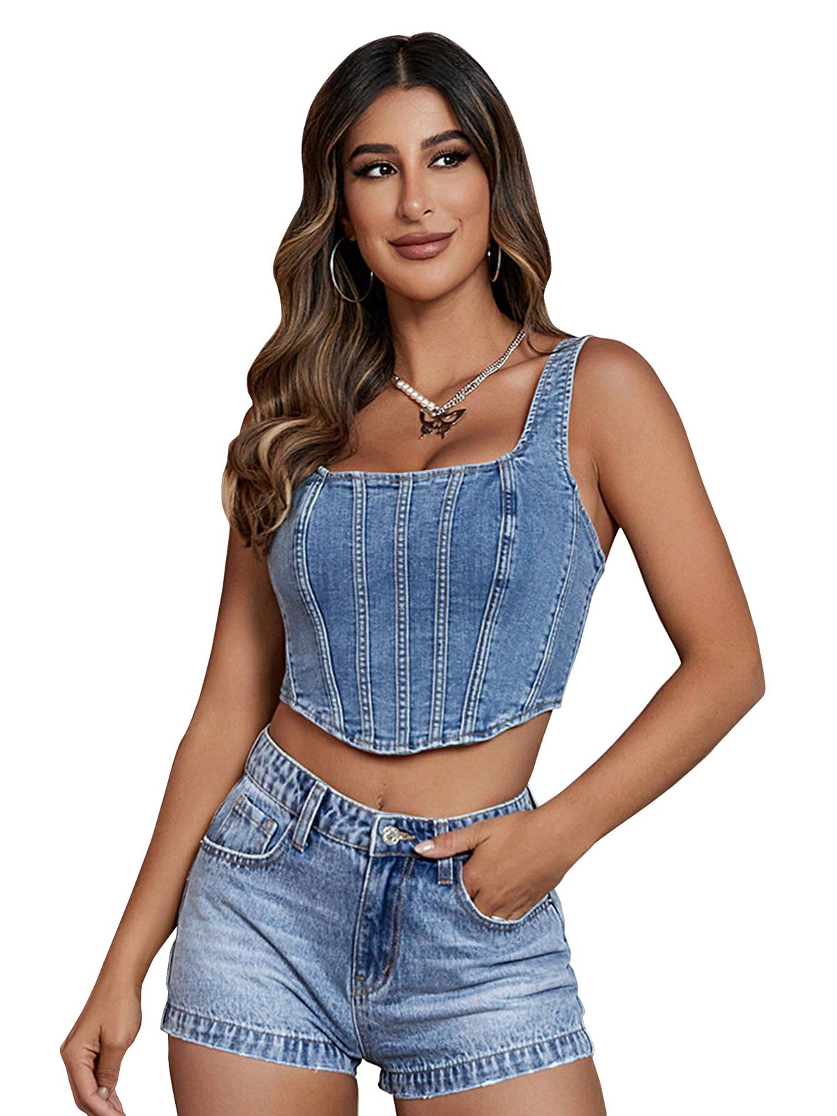 Shasmi Womens Solid Slim Fit Cotton Blouse Square Neck Denim Crop Top 158_Sky Blue