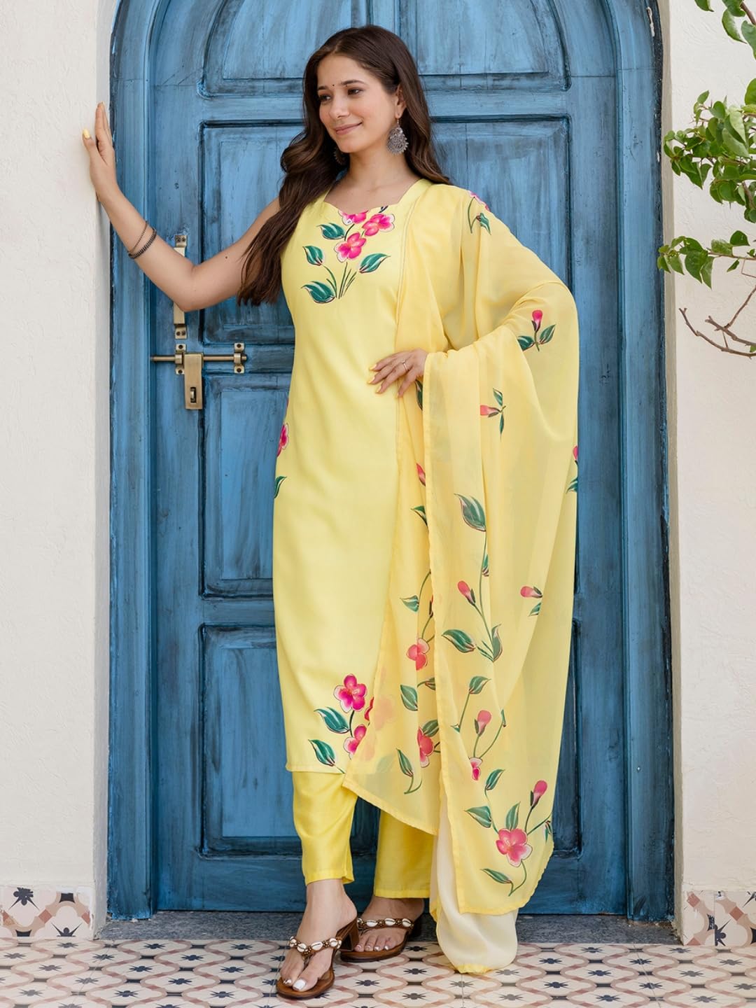 Naixa WomenS Yellow French Crepe Printed Straight Kurta With Crepe Pant And Georgette Printed Dupatta Sets (Nx-S-Kaveri-Yellow-