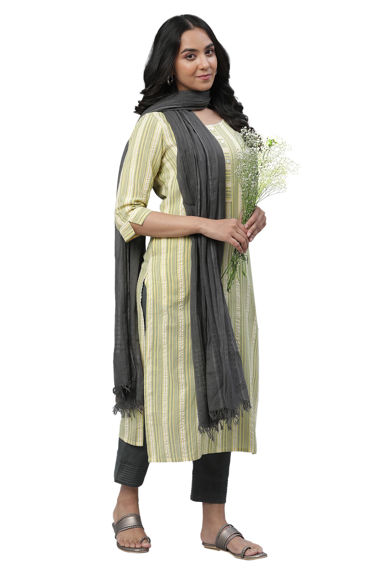 Aurelia Yellow Striped Blend Straight Long Kurta