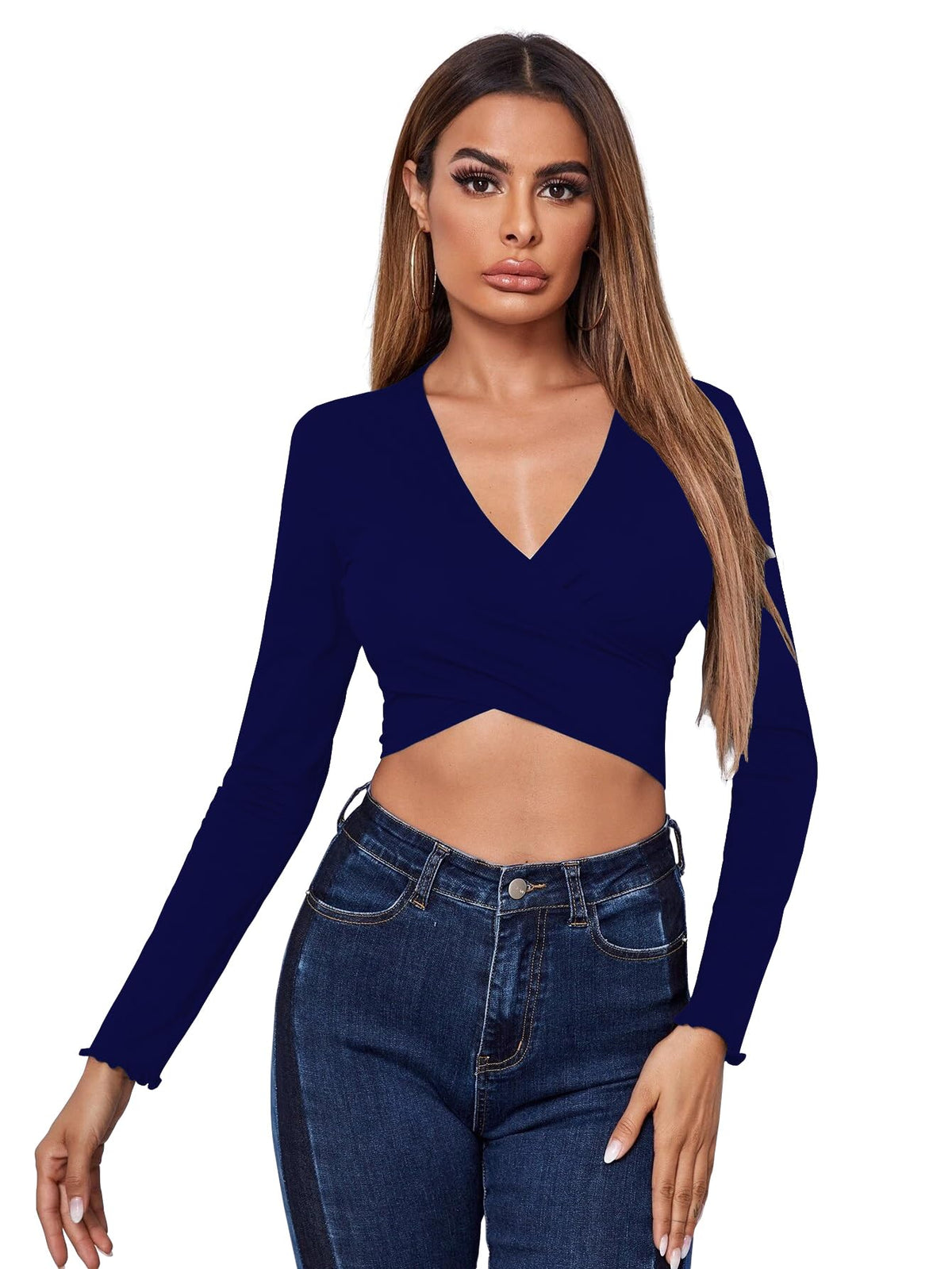 AVANOVA Womens & Girls Navy Blue Full Sleeve, V-Neck, Ruched Bust Solid Tops for Women/Tops, T-Shirts for Girls (TOP 64 N Blue