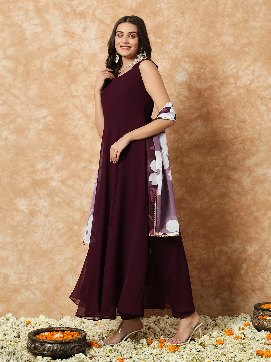 Fashion Basket Black Georgette Anarkali Kurta Set for Women, Large, Purple, Model E6236