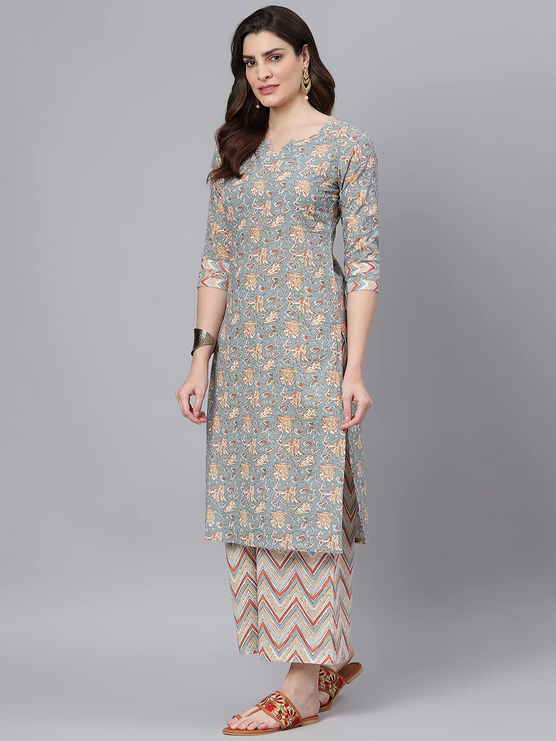 idaLia Women's Multicolor Printed Cotton Kurta Set with Palazzo Pant and Dupatta