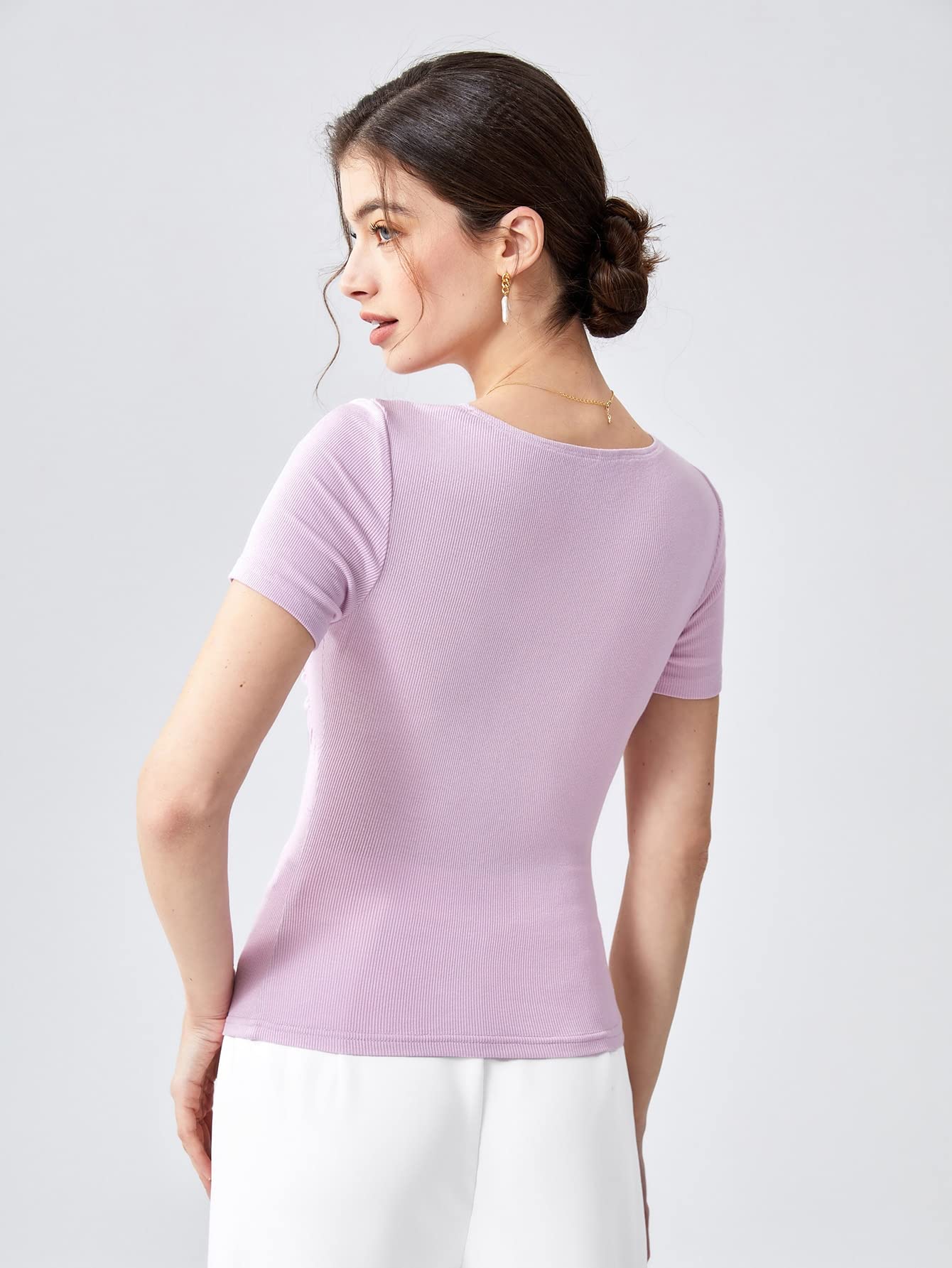 Shasmi Womens & Girls Light Purple Womens Summer Square Neck Solid Color Ruched Tee Workwear Pleated Casual t-Shirt for Women