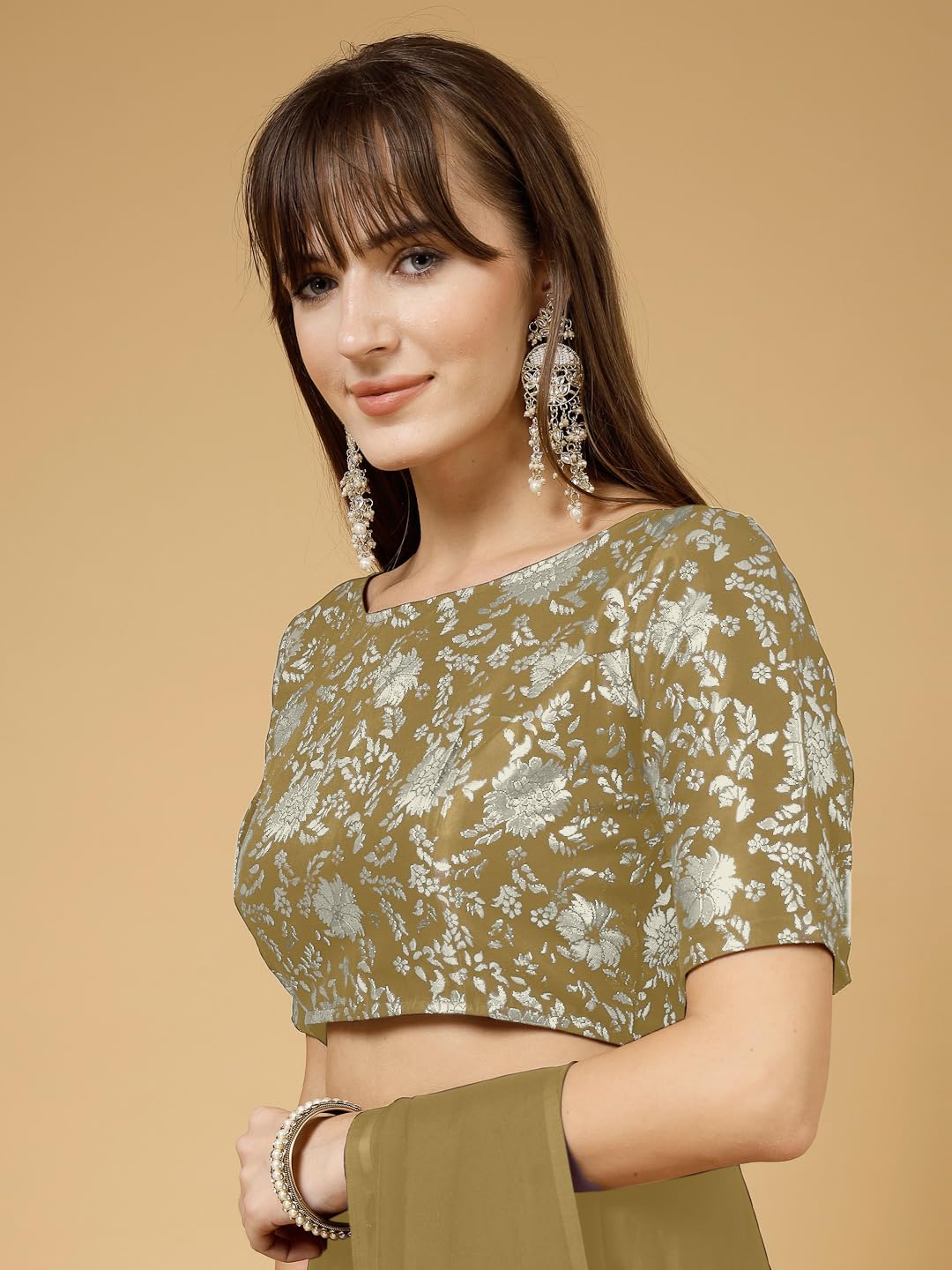 OOMPH! Womens Indian Ethnic Wear Designer Self Design Pattern Zari Work Boat Neck Half Sleeve Mehendi Green Color Jacquard Read