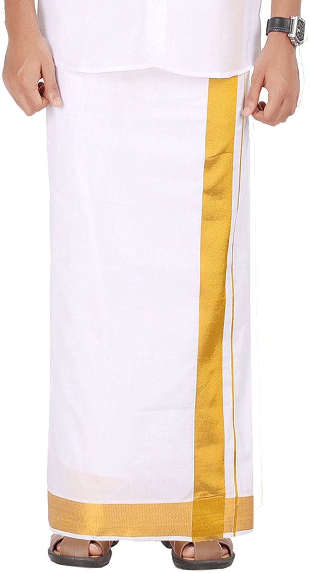 Prakasam Cotton Solid White Double Layer Dhoti With Golden Jari Border Dhoti For Mens (1.26 X 3.60 Meter) 2 Inch Jari Border (8