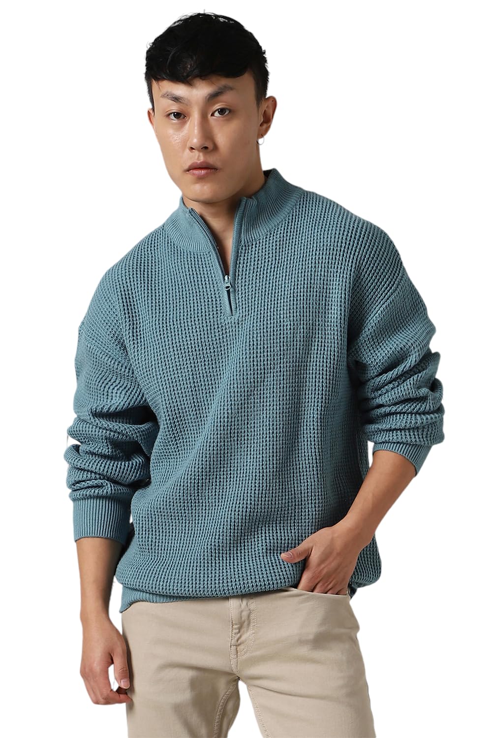 Hubberholme Men Acrylic Knitted Relaxed Fit Round Neck Full Sleeves Sweaters 3 Blue