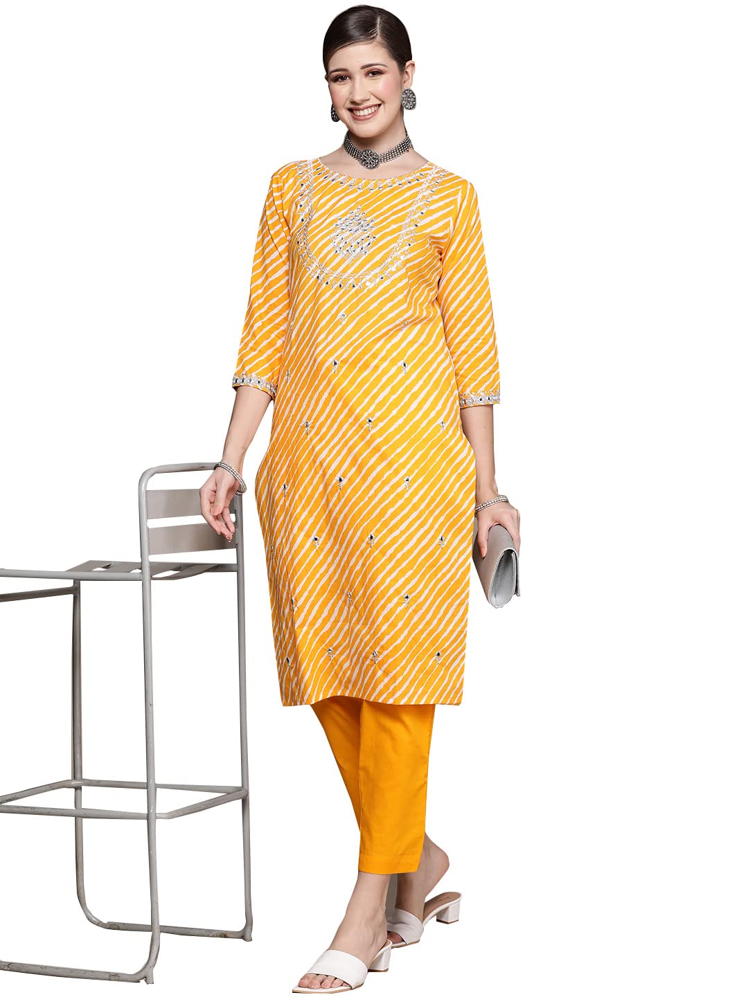 ishin Womens Yellow Embroidered Straight Kurta Set With Trouser
