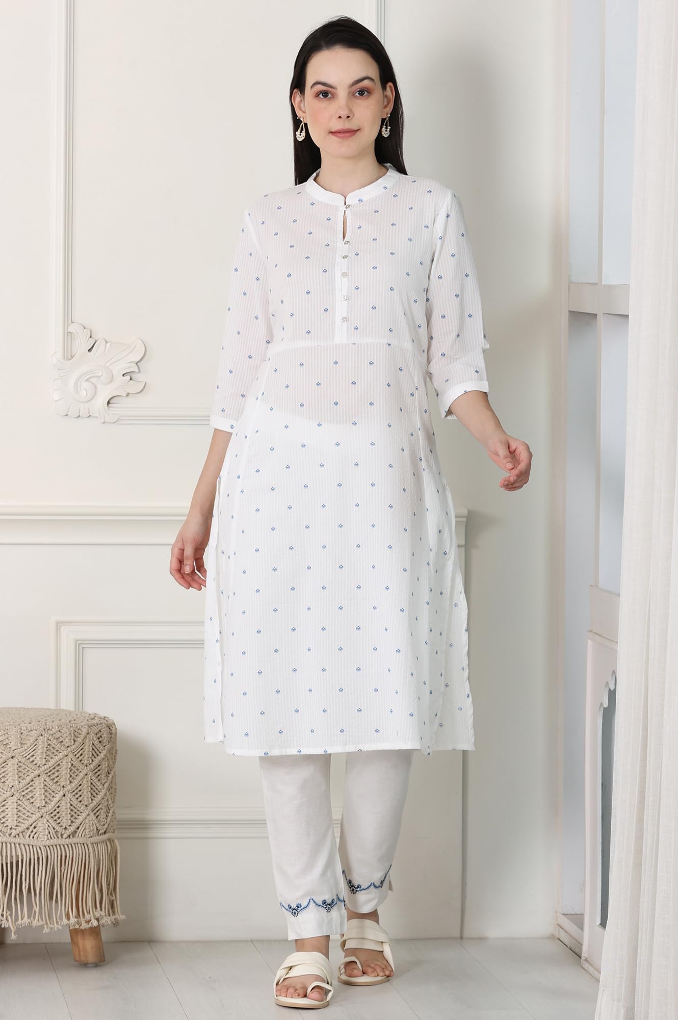 W for Woman White Printed Pure Cotton Soft & Breathable Straight Kurta