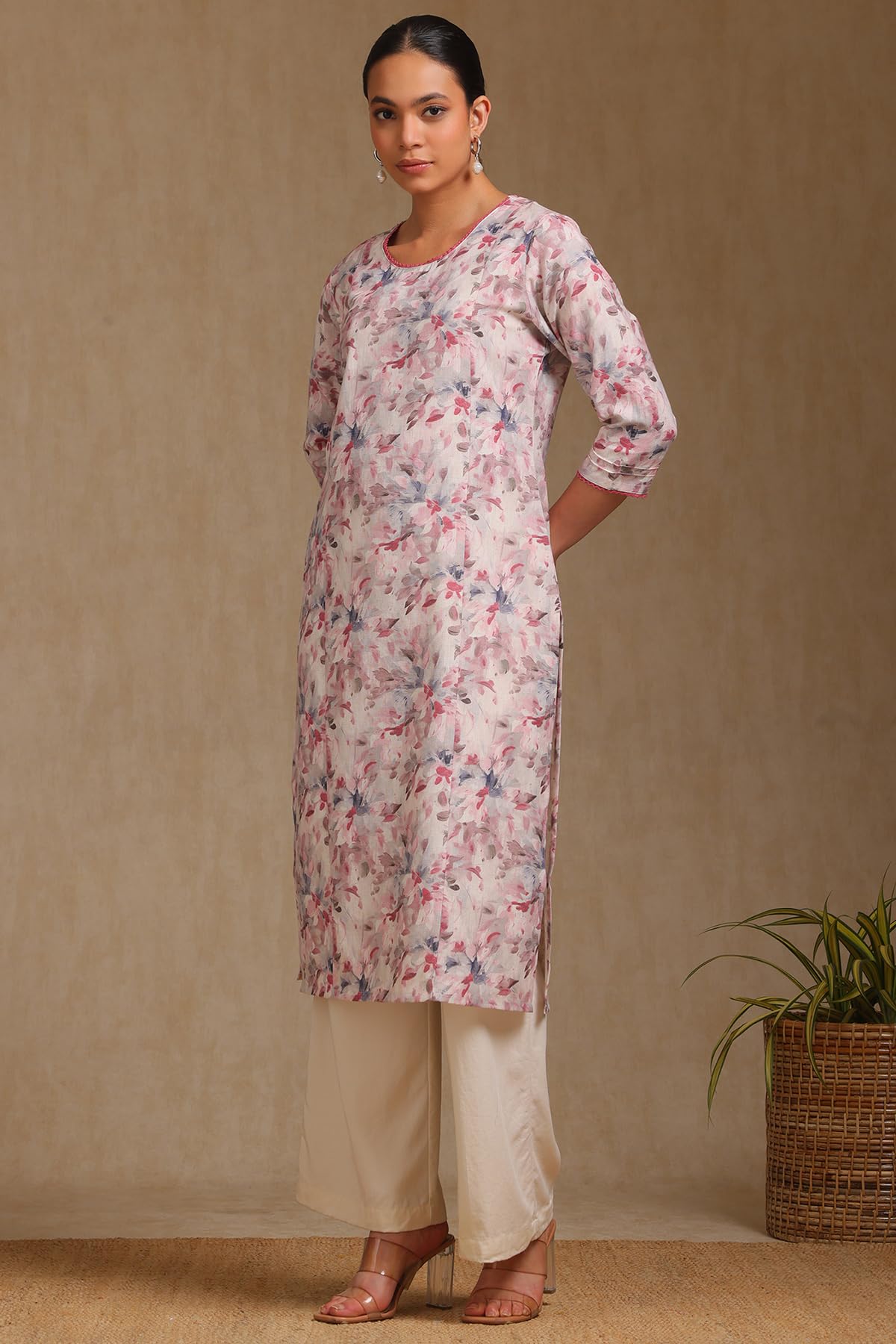 Soch Womens Cream Linen Botanical Print Kurta