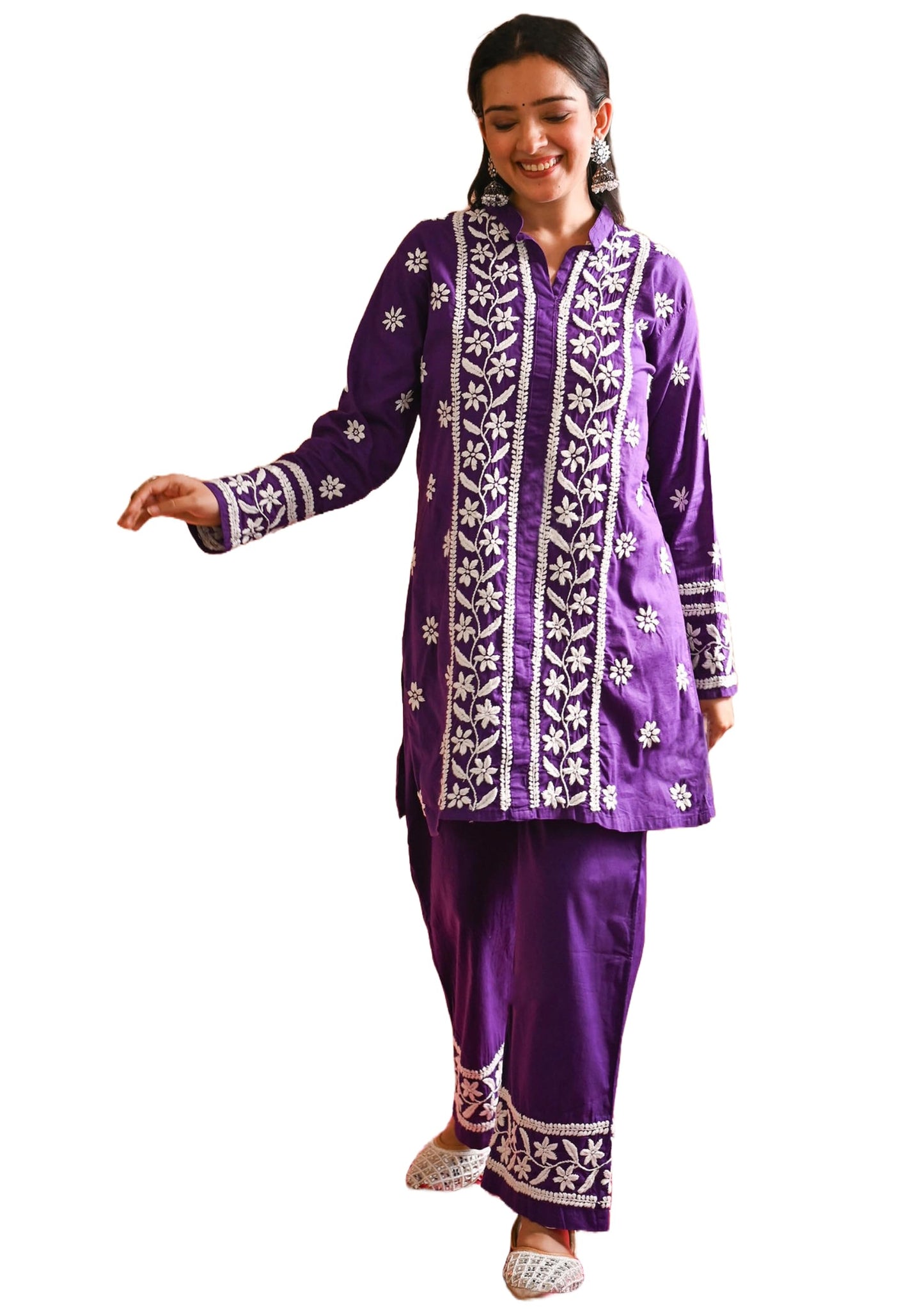ANNI DESIGNER Womens Cotton Blend Straight Chikankari Embroidered Kurta with Palazzo Set (LKO Purple_XXL_Purple_XX-Large)