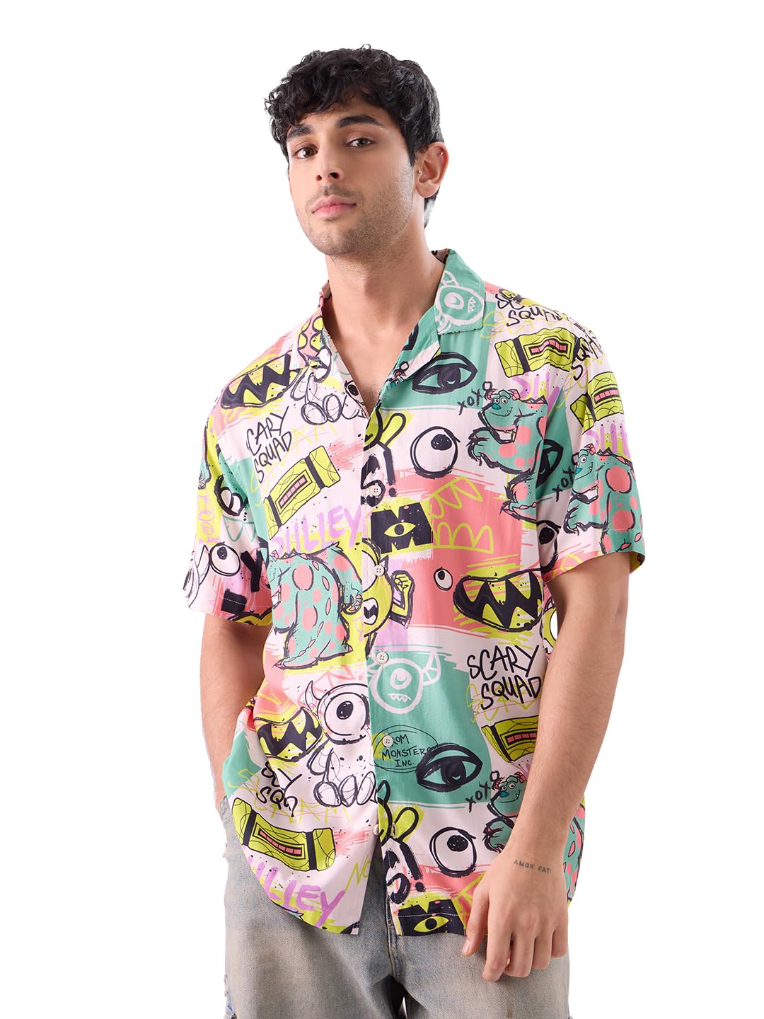 The Souled Store Monsters Inc: Yikes Men and Boys Short Sleeves Collared Neck Button Front All Over Printed Rayon Holiday Shirts