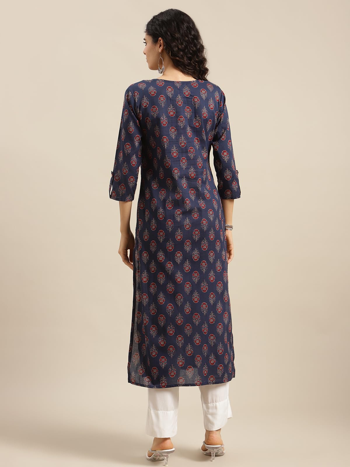 Varanga Women Navy Blue Ethnic Motifs Straight Kurta Round Neckline With V Notch, 3/4Th Sleeves, Side Slit, Printed Design, Com