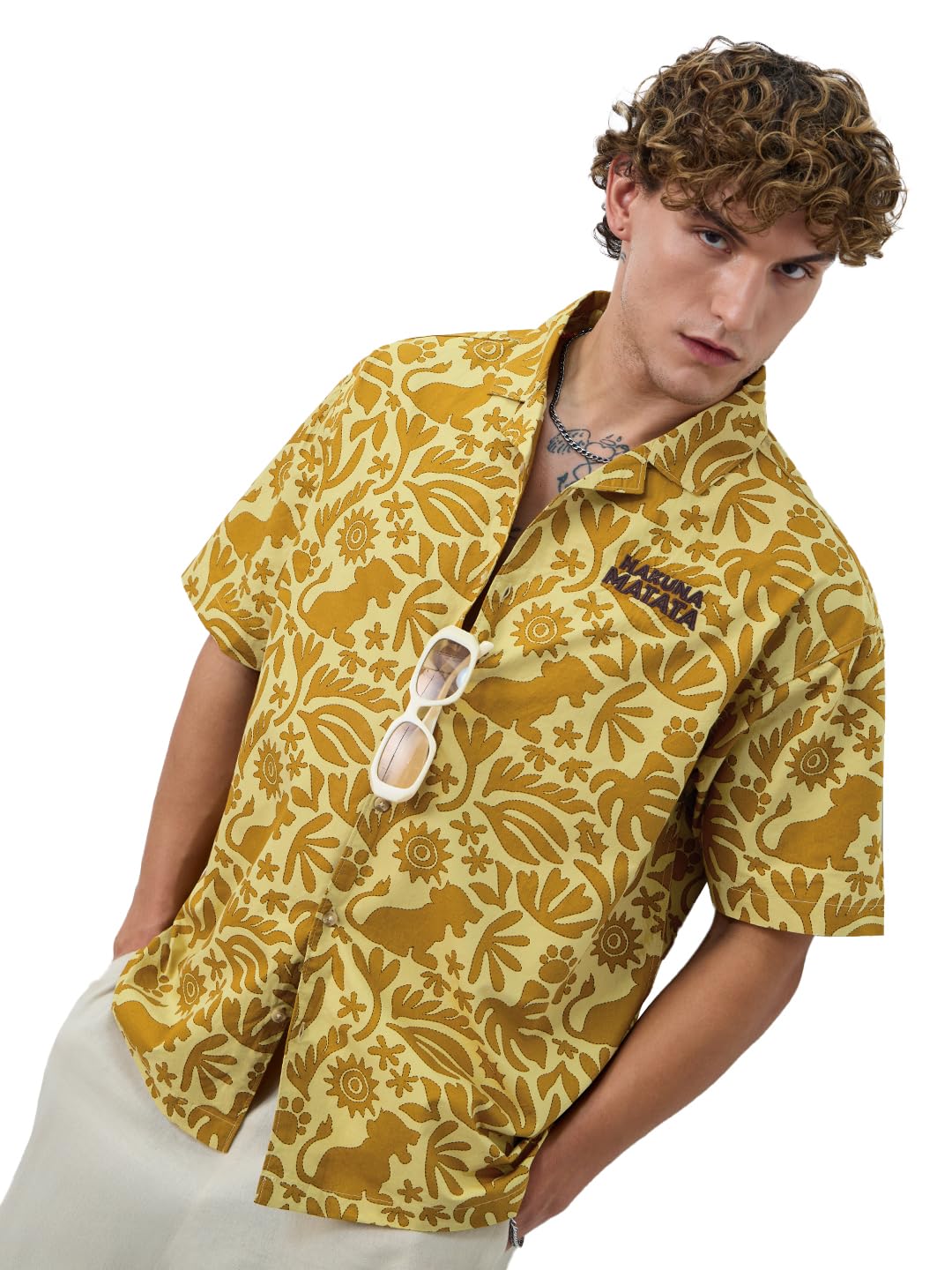 The Souled Store Lion King: Hakuna Vibes Men and Boys Short Sleeves Collared Neck Button Front Yellow All Over Printed Oversized