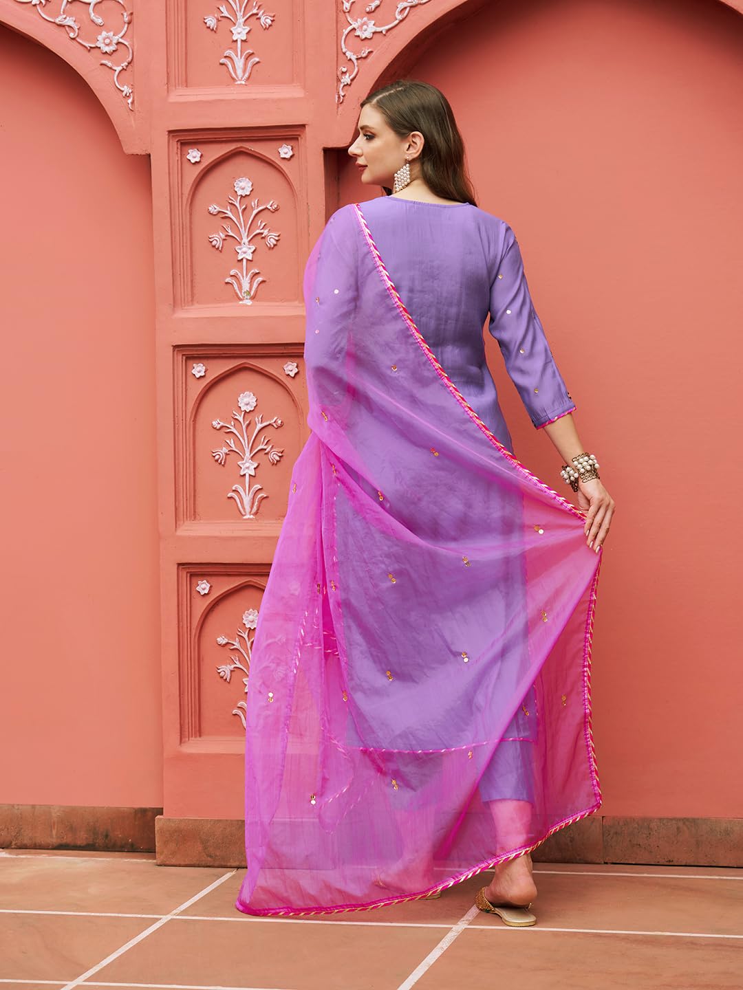 ANNI DESIGNER Women's Cotton Blend Mirror Work Straight Kurta with Pant & Dupatta