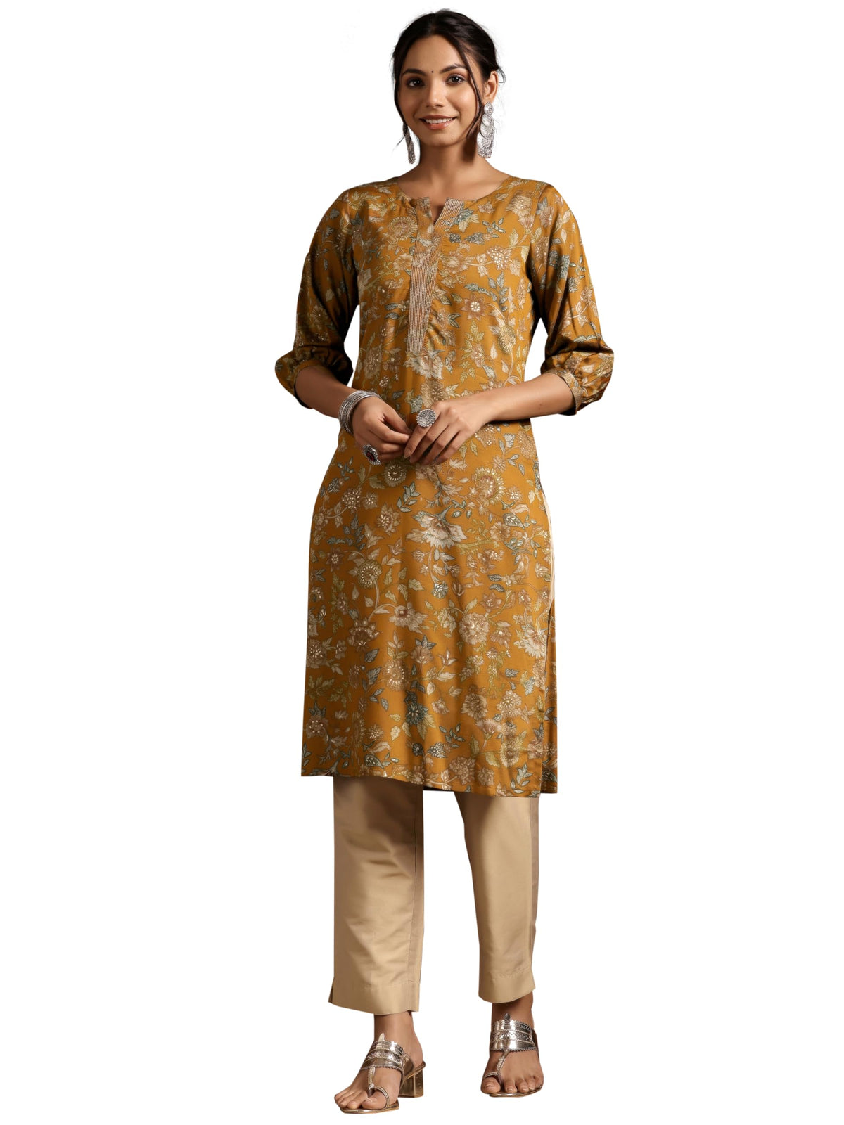 Libas WomenS Silk Printed Straight Kurta (29216 Mustard