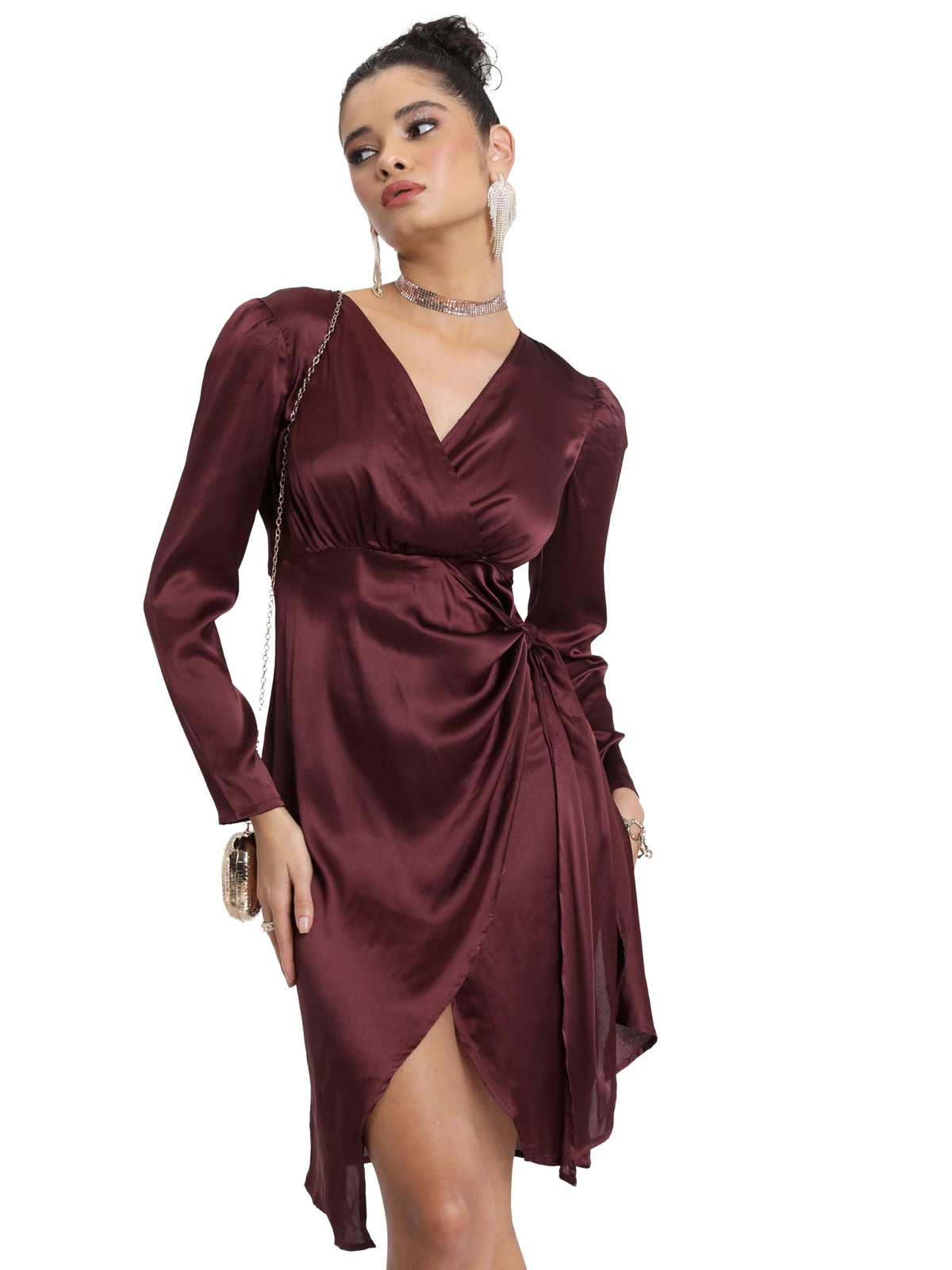 Ketch WomenS Polyester Wrap Mini Dress (Khj6000419_Brown