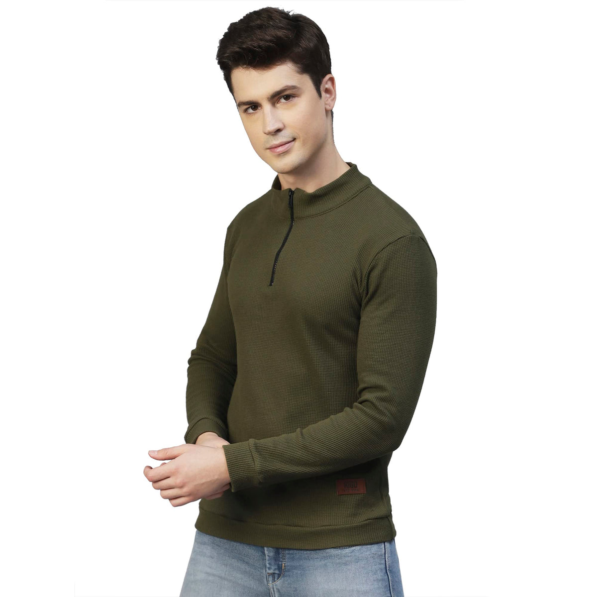 Rigo Men Olive Henley Neck Full Sleeves Waffle Knit T-Shirt