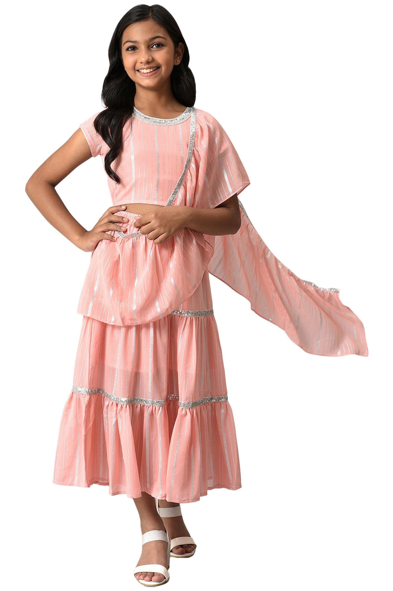 Aurelia Girl's Polyester Top & Skirt & Dupatta (22FEG10240A-505648_Pink
