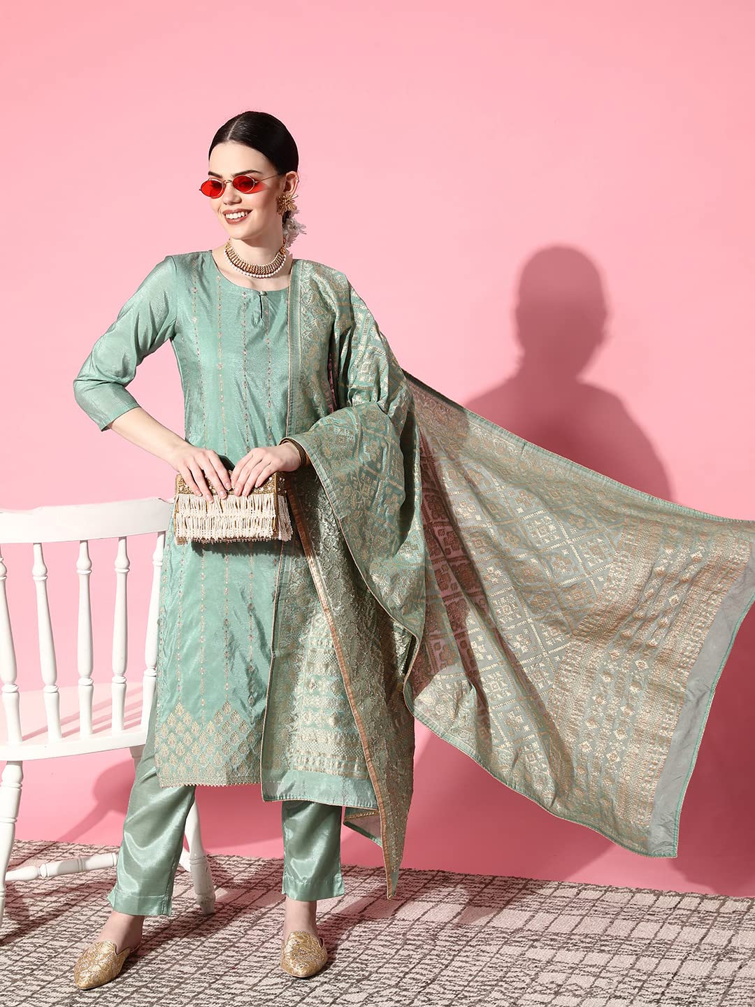 ishin Women's Brocade Green Woven Design A-Line Kurta Trouser Dupatta Set