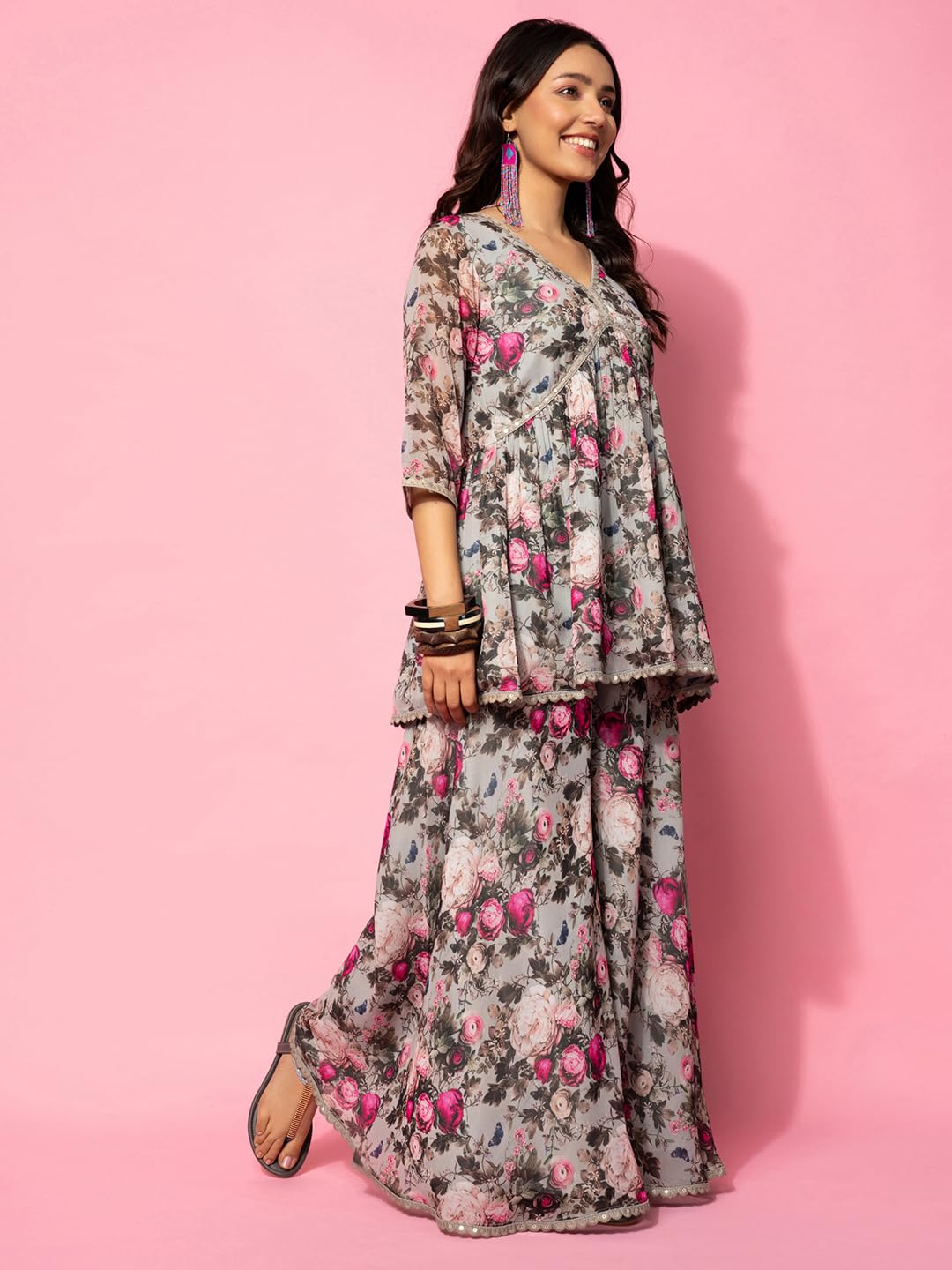 Libas Grey Printed Poly Georgette Co-Ords