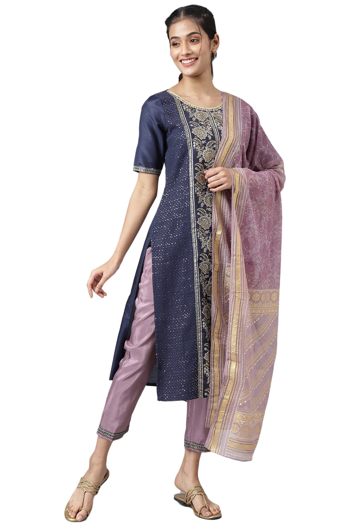 Aurelia Women Blue Glitter Printed Kurta With Purple Trousers And Dupatta_22Aud10472-504039_M