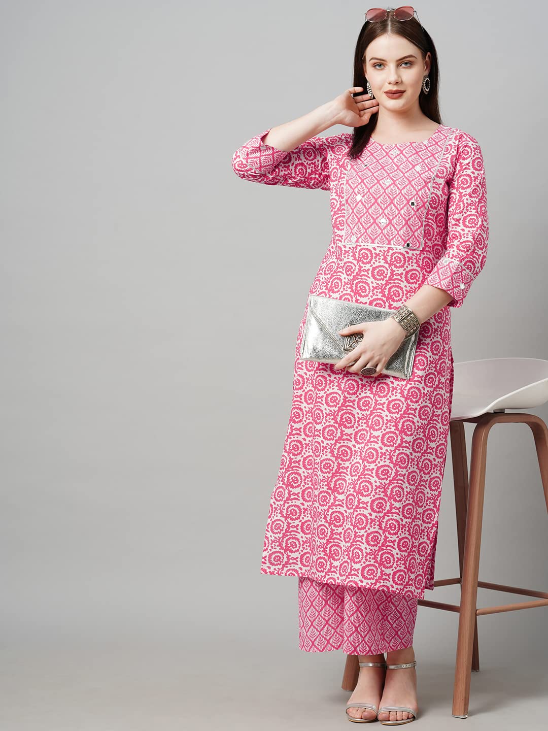 GoSriKi Women's Cotton Blend Traditional Straight Printed Kurta and Palazzo Set (Valab-GS)