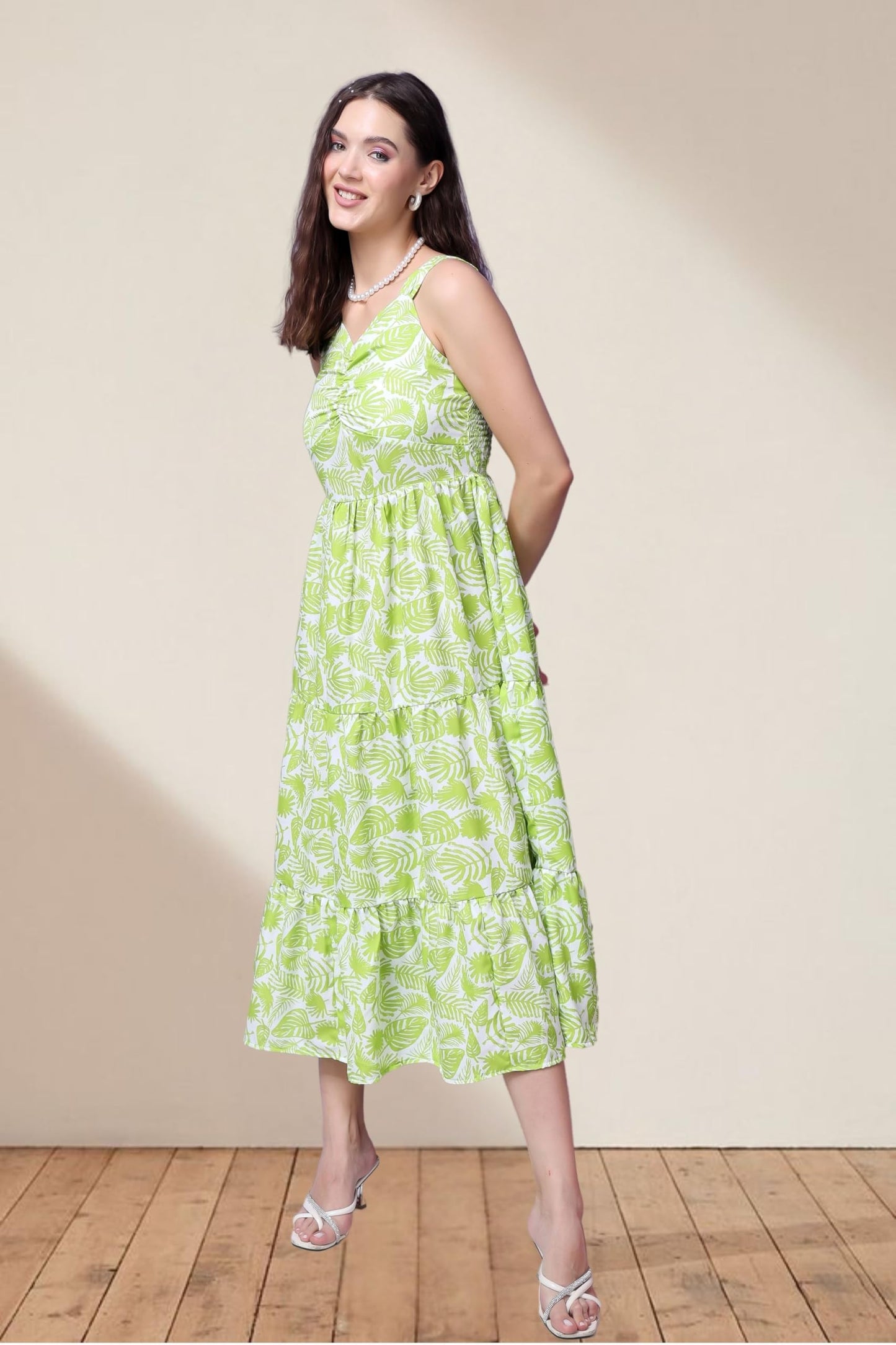 Popwings Casual Georgette Flare Maxi Dress For Women | Sleeveless Long Printed Stylish Dress Green