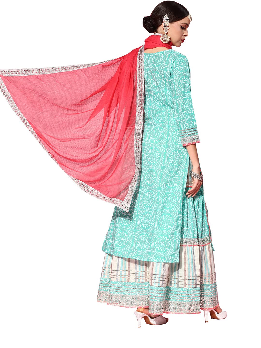 ishin Women's Pure Cotton Green Embroidered A-Line Kurta Suit Set with Dupatta & Sharara