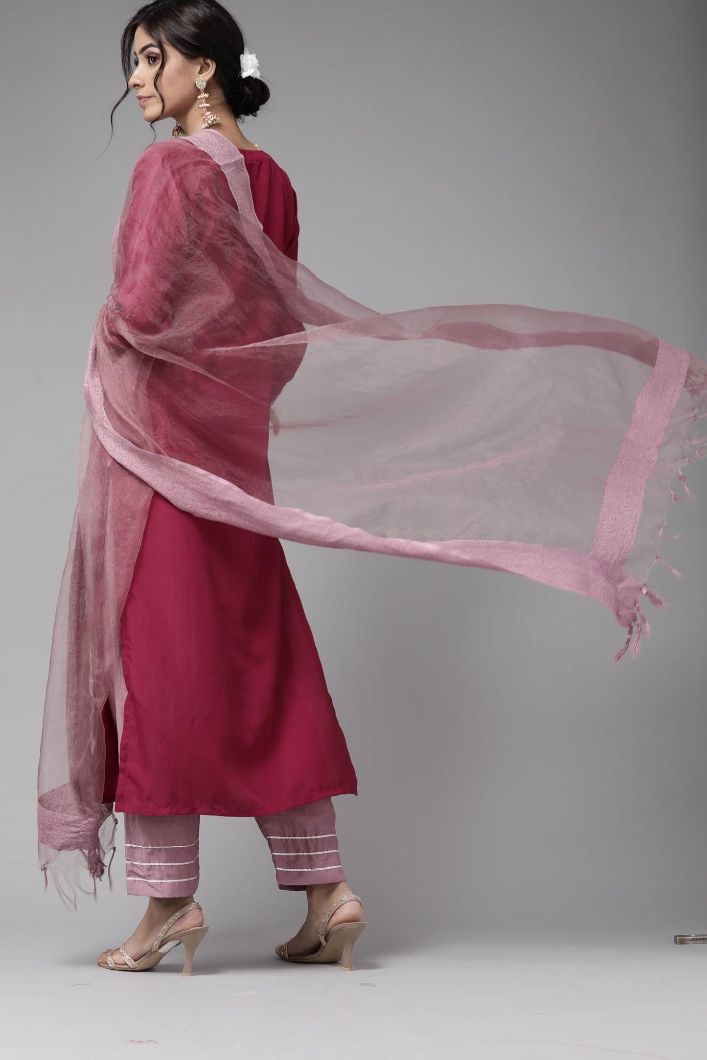 Varanga Magenta Zari Embroidery Kurta with Mauve Palazzo and Bhagalpuri Silk Dupatta.