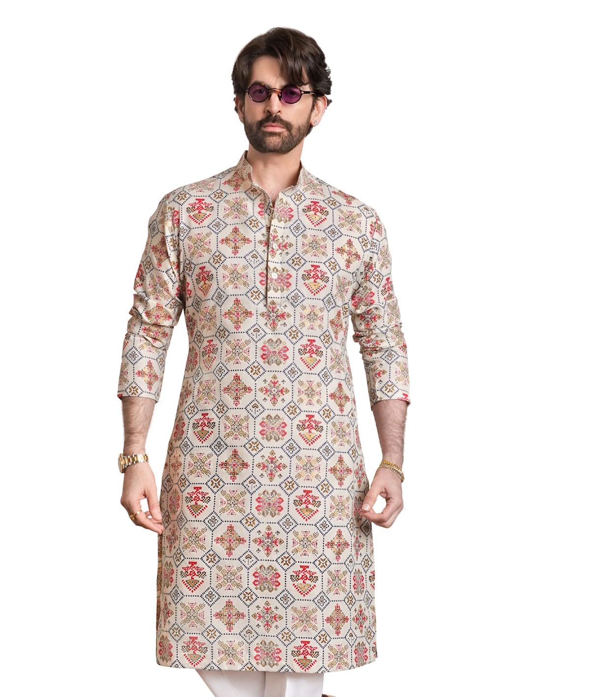 SOJANYA (Since 1958 Men's Cotton Linen Cream & Multi Print Only Long Kurta