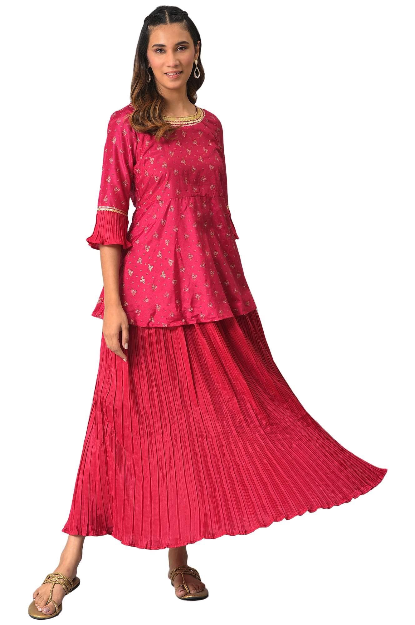 Pink Floral Printed Kurti With Pleated Skirt