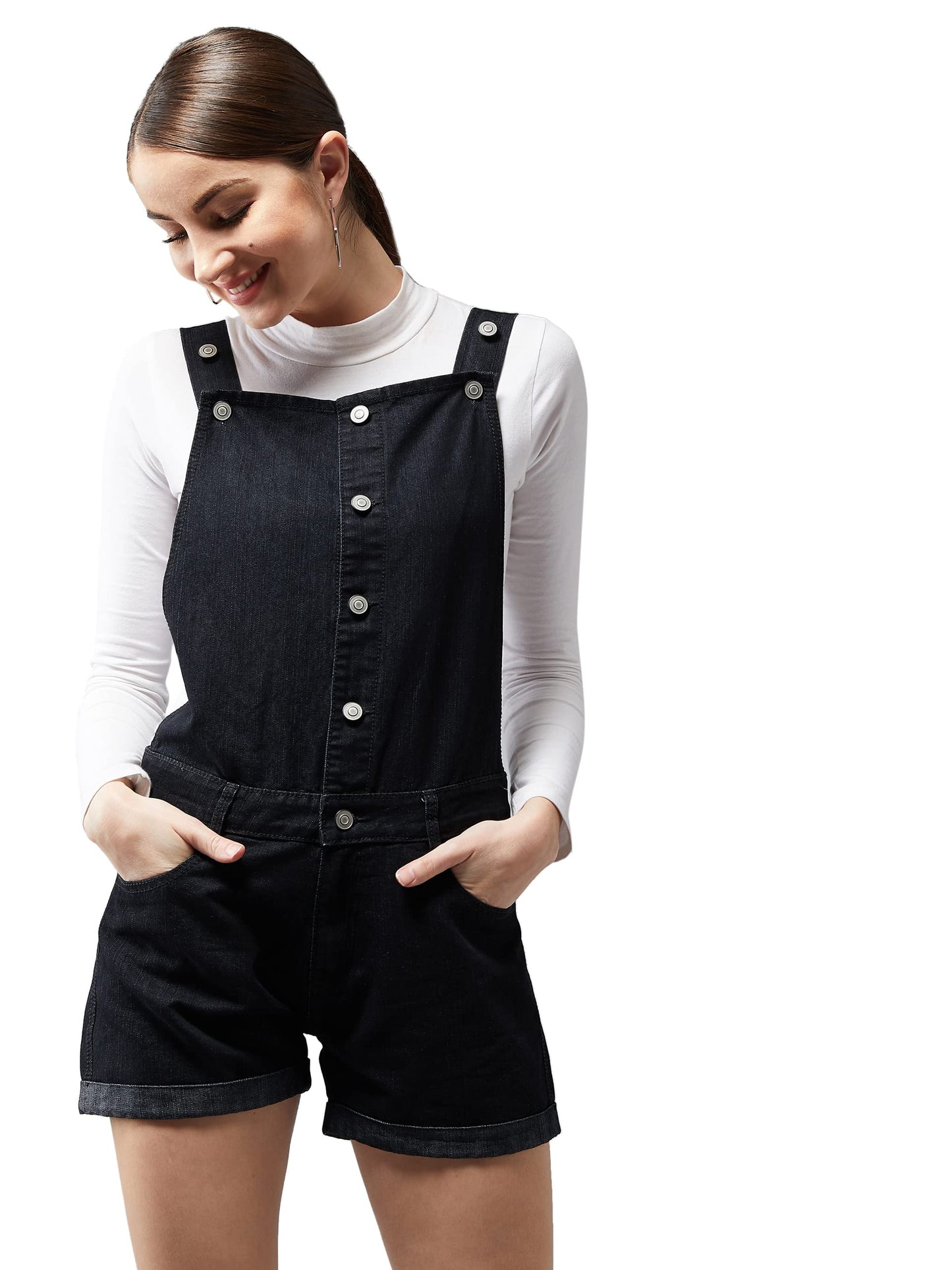 Dolce Crudo Womens Black Non-Stretchable Solid Mid Rise Regular Length Denim Dungarees (DOSS20DEN04-49-62-34,Black,34)