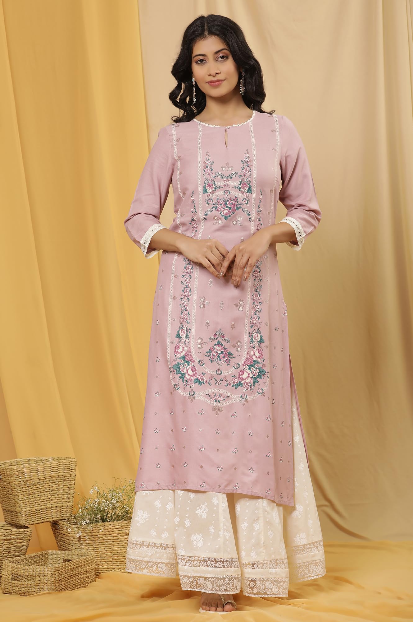 W for Woman W Women Purple Festive Floral Print Viscose Kurta Set With Divided Skirt
